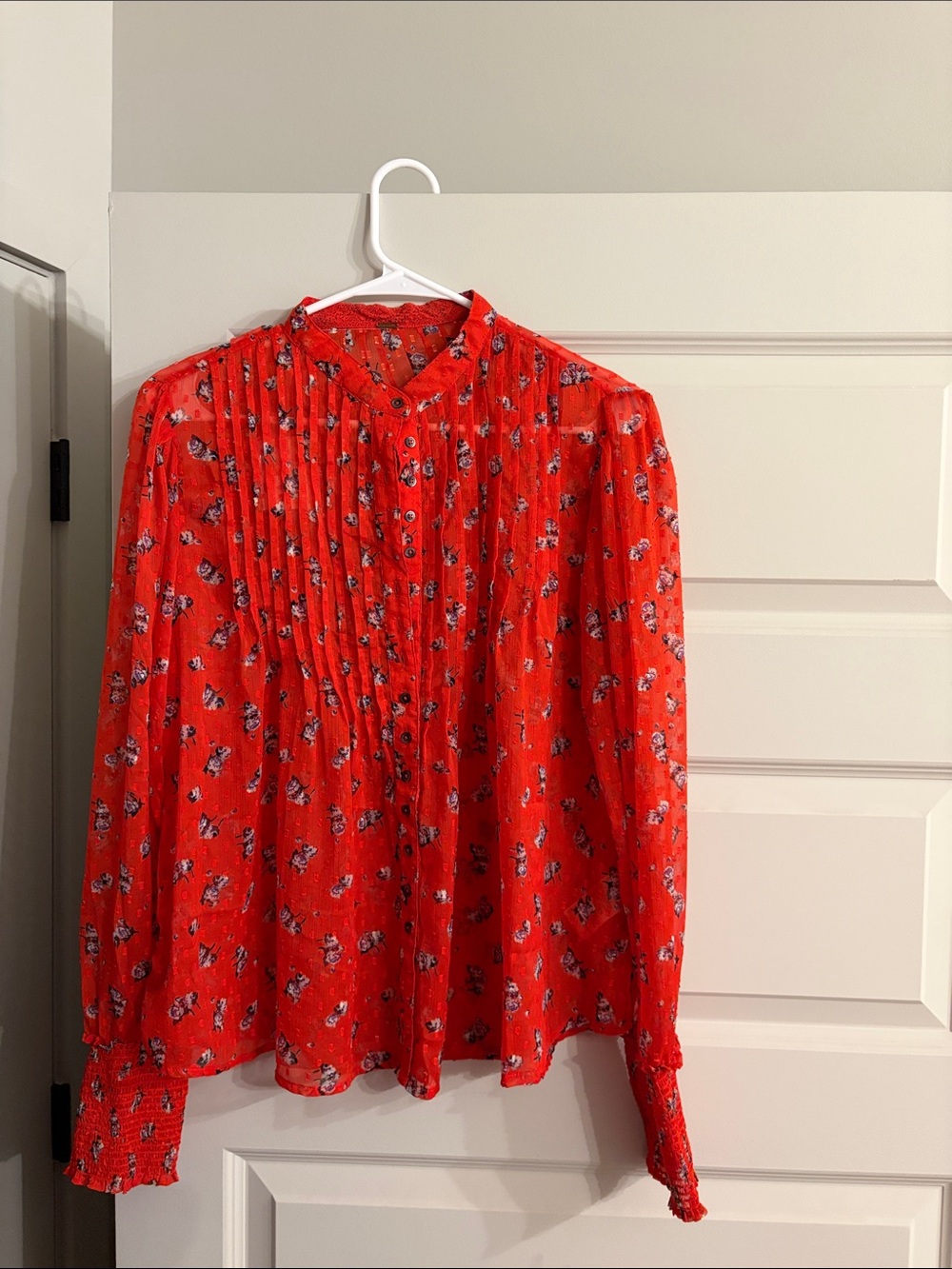 Free People Red Floral Pintuck Button-Down Blouse